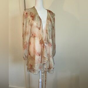 Lucy Paris Floral Long Sleeve Dress - Cream Pastel Sheer Floral Wrap